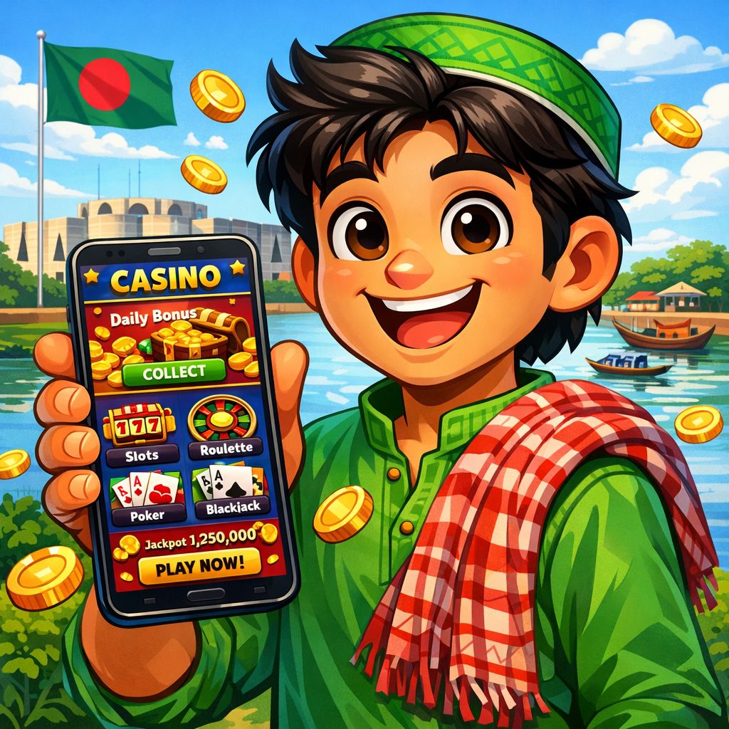 33XX app themed cartoon character holding an Android phone with game icons and coins