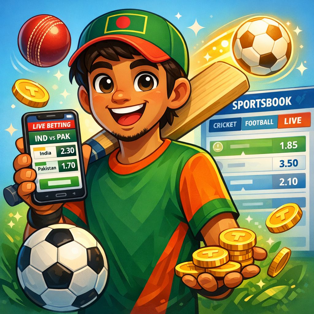 33XX bet cartoon sports fan checking live odds with cricket and football icons