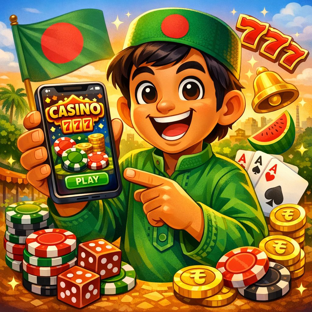 33XX casino themed cartoon character with chips, cards, and a mobile phone in Bangladesh setting