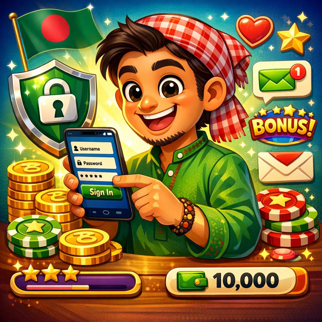 33XX themed cartoon character signing in on a mobile phone with a shield icon and coins